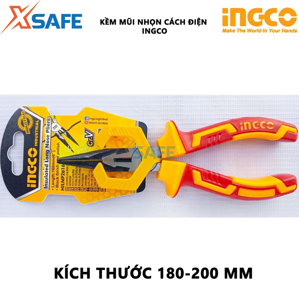 Kìm mũi nhọn cách điện INGCO 2 kích thước 6&quot;/8&quot;, đầu kềm được mạ đen và đánh bóng, tay cầm cách điện lên đến 1000V