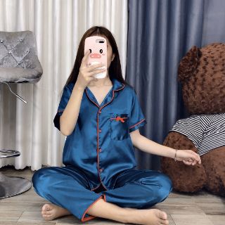 BỘ PIJAMA NƠ PHI LỤA TAY NGẮN QUẦN DÀI (hình thật kèm video shop)