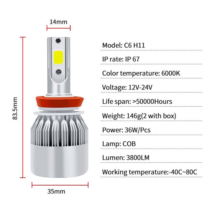 1 Bóng Đèn Pha Led C6 H1 H3 H7 H4 880 H11 Hb3 9005 Hb4 9006 H13 6000k 72w 12v 7200lm Cho Xe Hơi