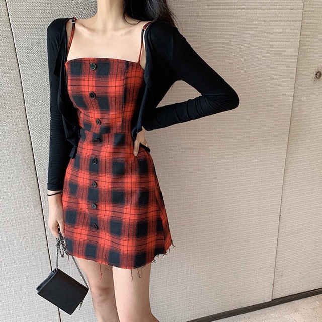(Order 5-10days) Size S-4XL Set váy 2 dây kẻ caro + áo khoác ngoài mỏng 2020 | BigBuy360 - bigbuy360.vn