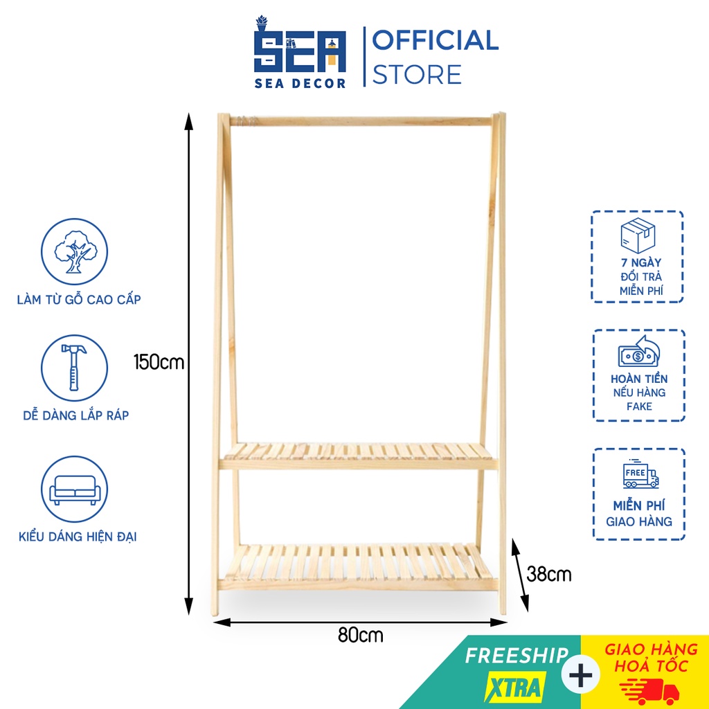 Kệ treo quần áo SEA DECOR chữ A, 2 tầng gỗ thông chống mối mọt màu sắc tự nhiên, phong cách Hàn Quốc