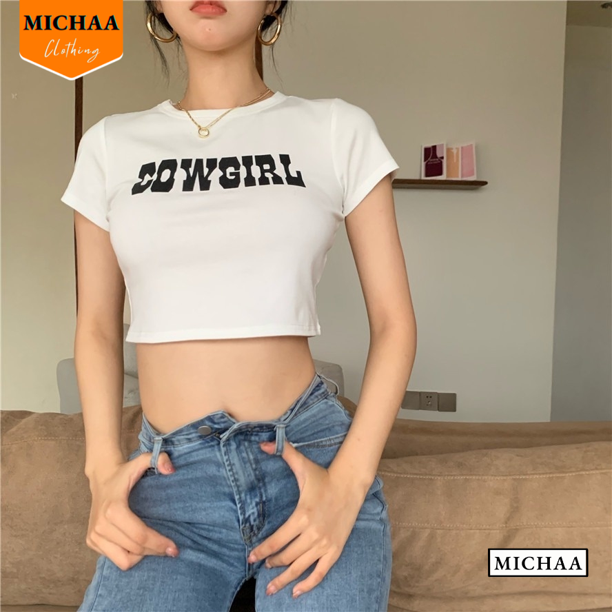 Áo Croptop Ôm Body Nữ COWGIRL Cổ Tròn Tay Ngắn, Áo Thun Kiểu In Họa Tiết MICHAA CR81