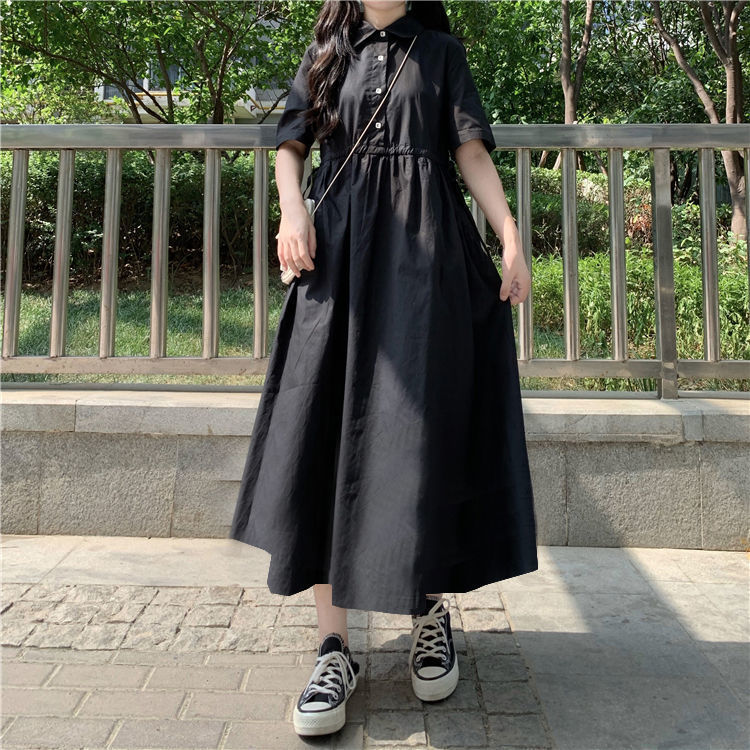 Đầm ngắn tay cổ tròn eo cao thời trang Hàn Quốc dành cho nữ