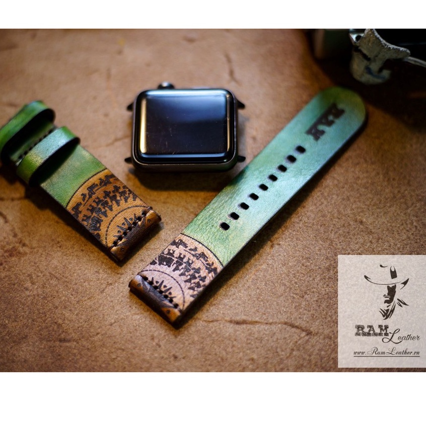 Dây đồng hồ Apple Watch , Iwatch , Iphone Watch Trống Đồng Vegtan Italia Da Bò Xanh Lá RAM Leather Simple Green  Bền Đẹp