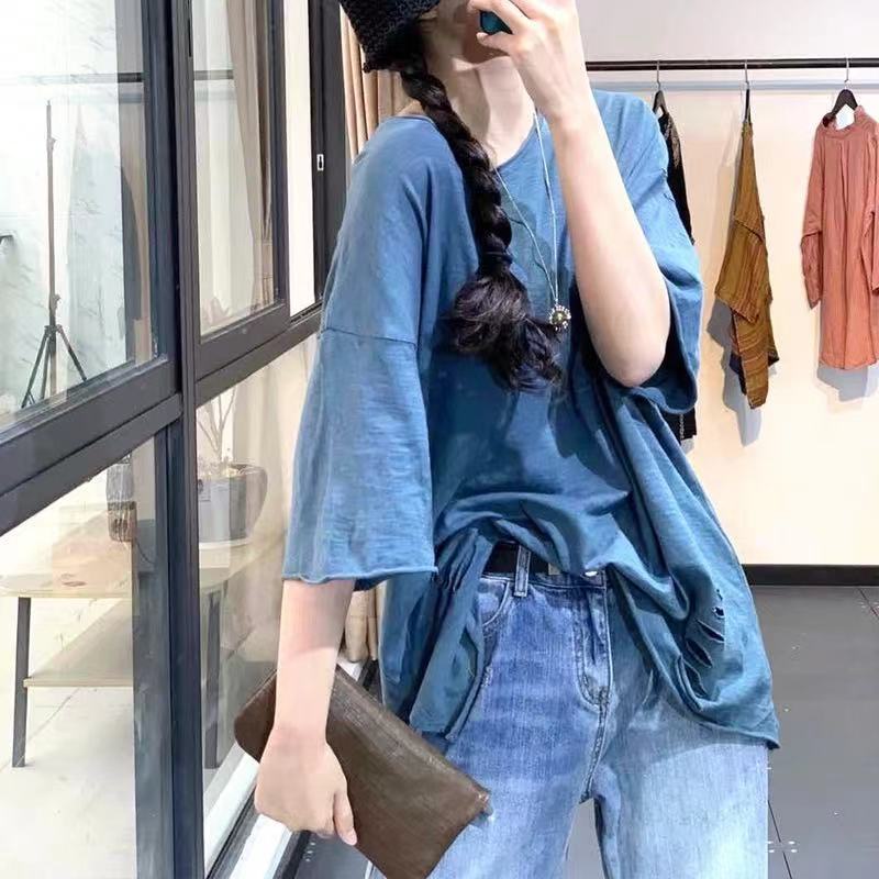 Áo Thun Cotton 95 Dáng Rộng Ngắn Tay Cổ Chữ V Lưng Uốn Xoăn Kiểu Hàn Quốc Thời Trang Mùa Hè Cho Học Sinh