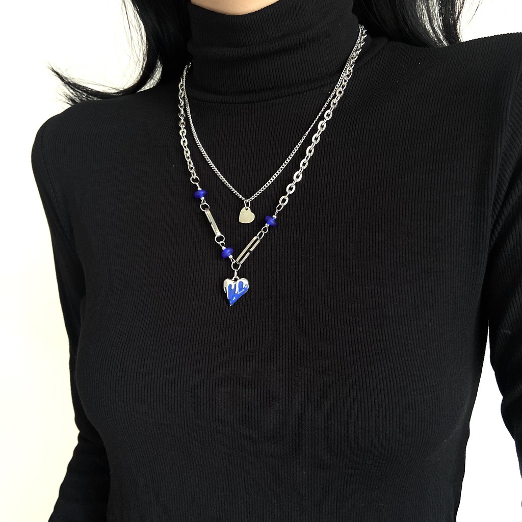Dây Chuyền Hai Lớp Mặt Hình Trái Tim Màu Xanh Dương Phong Cách Hip Hop 19A1416ins