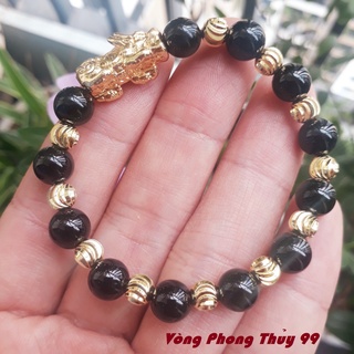 Vòng tỳ hưu đá mã não đen mix charm, vòng phong thủy mệnh mộc, thủy