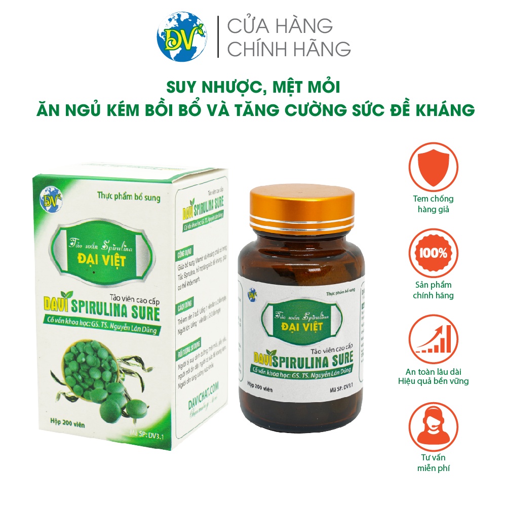 Tảo viên Davi Spirulina Sure. Cơ thế mệt mỏi, gầy yếu, ăn uống kém, cần tăng cường sức đề kháng_100 viên