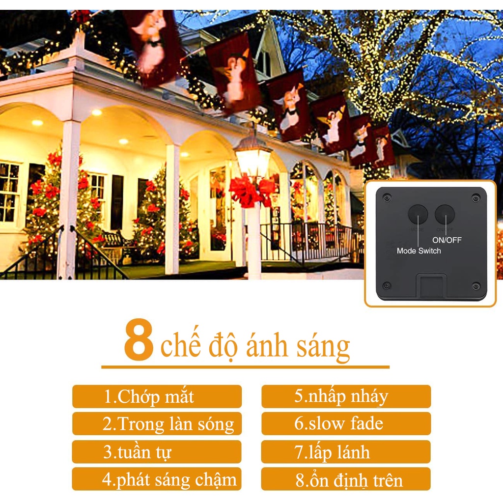 Dây đèn LED năng lượng mặt trời 8 chế độ đèn để trang trí sân vườn cây cảnh