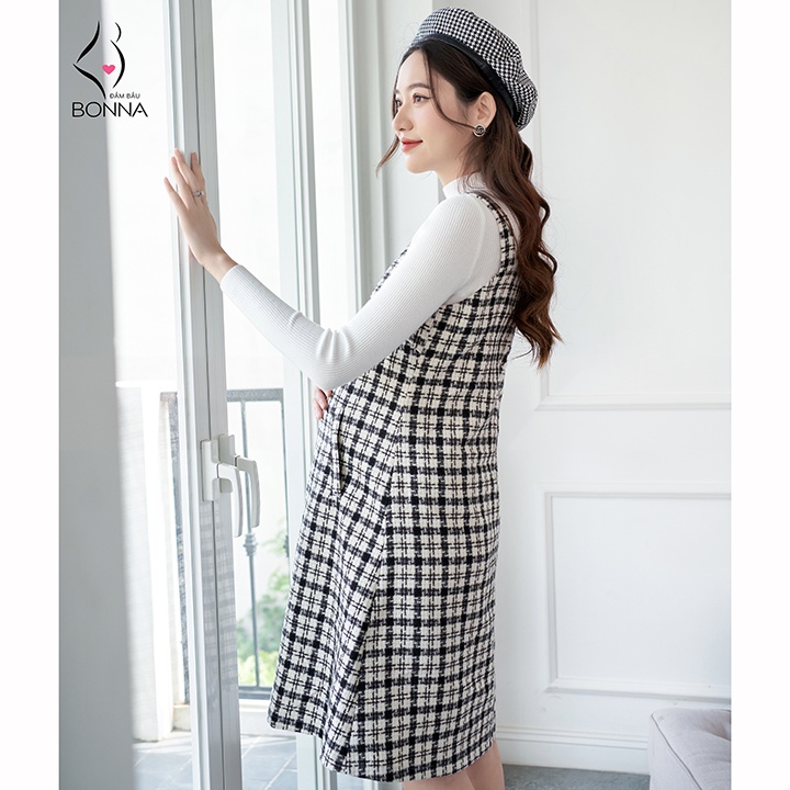 Đầm yếm bầu BONNA chất dạ tweed phối họa tiết kẻ caro thanh lịch, đai điều chỉnh to nhỏ VS062 ( SP KHÔNG KÈM ÁO LEN)