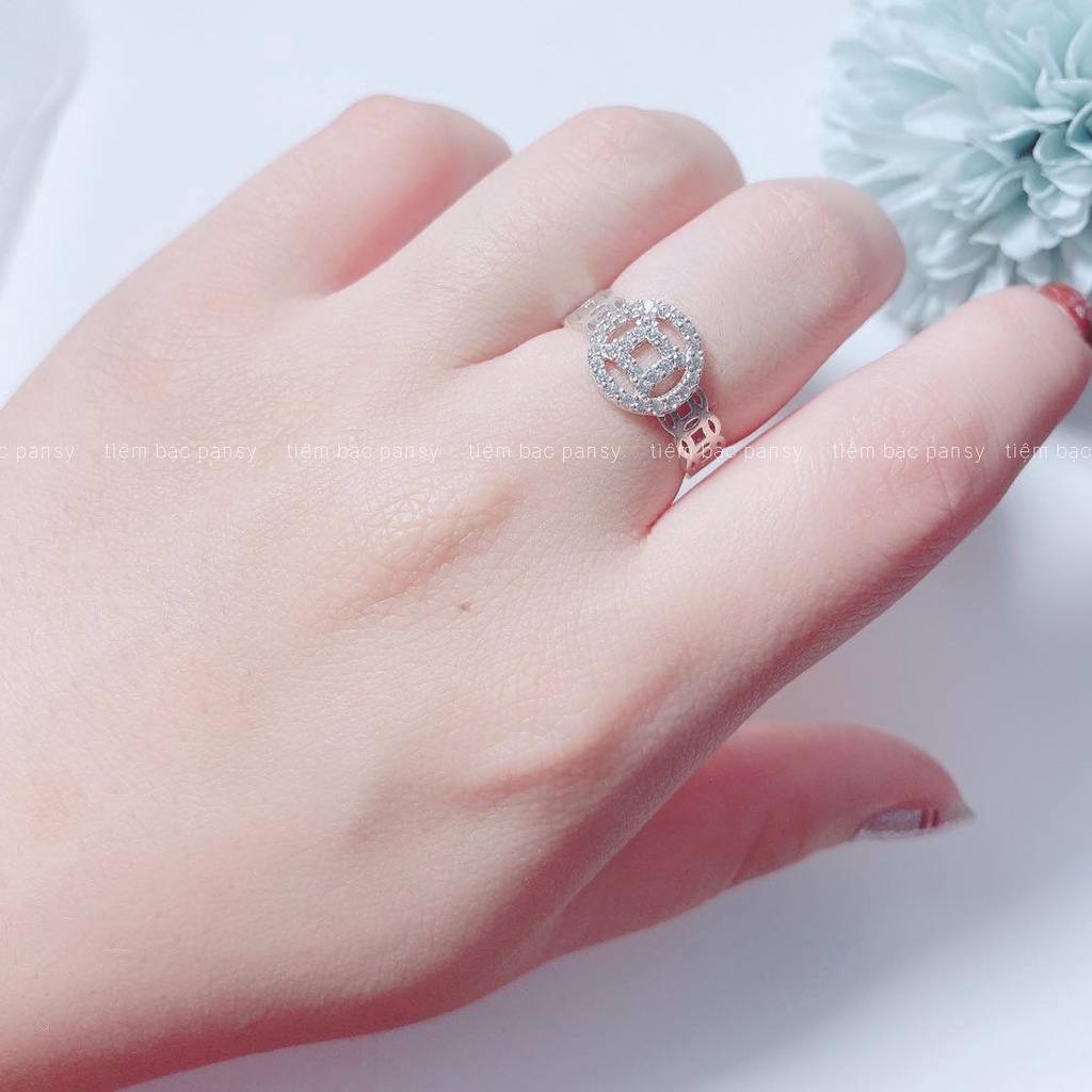 Nhẫn kim tiền bạc PANSY mặt đồng xu đính đá, nhẫn nữ ý nghĩa tài lộc may mắn bằng bạc ta thật