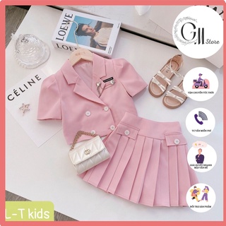 Áo vest kết hợp chân váy xếp ly cho bé gái có quần trong hồng/ đen