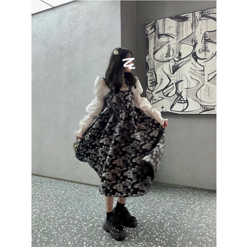 🔥 Set Áo Sơ Mi Dài Tay Và Đầm Dây Họa Tiết Hoa Vintage Dành Cho Nữ