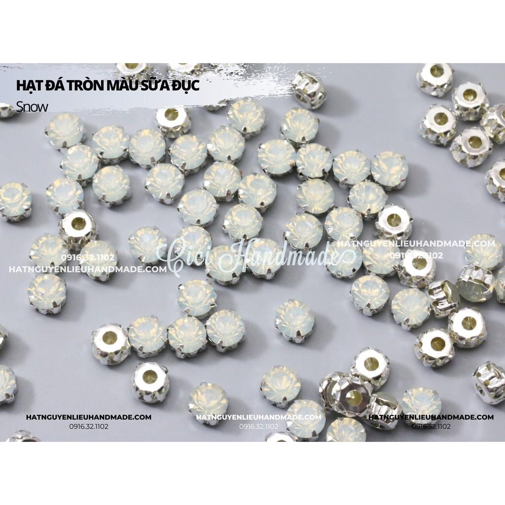 Túi 50-100 hạt đá tròn màu sữa đục đế bạc có lỗ khâu Cici Handmade chuyên hạt đá hạt pha lê hạt cườm đính kết thời trang