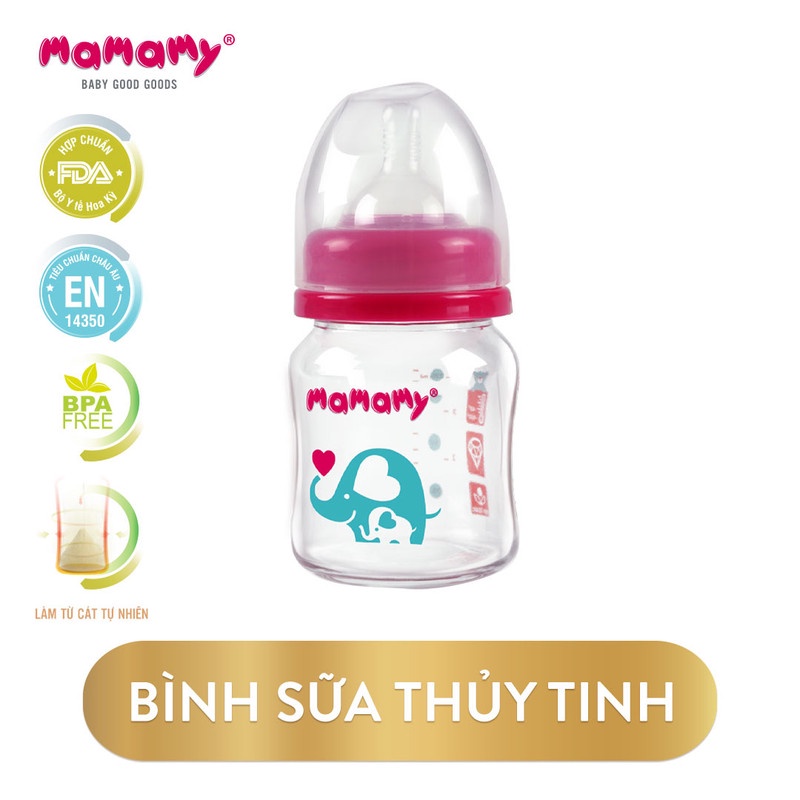 Bình sữa thuỷ tinh 120ml Mamamy giữ nhiệt cổ rộng chống sặc chống đầy hơi an toàn cho trẻ sơ sinh