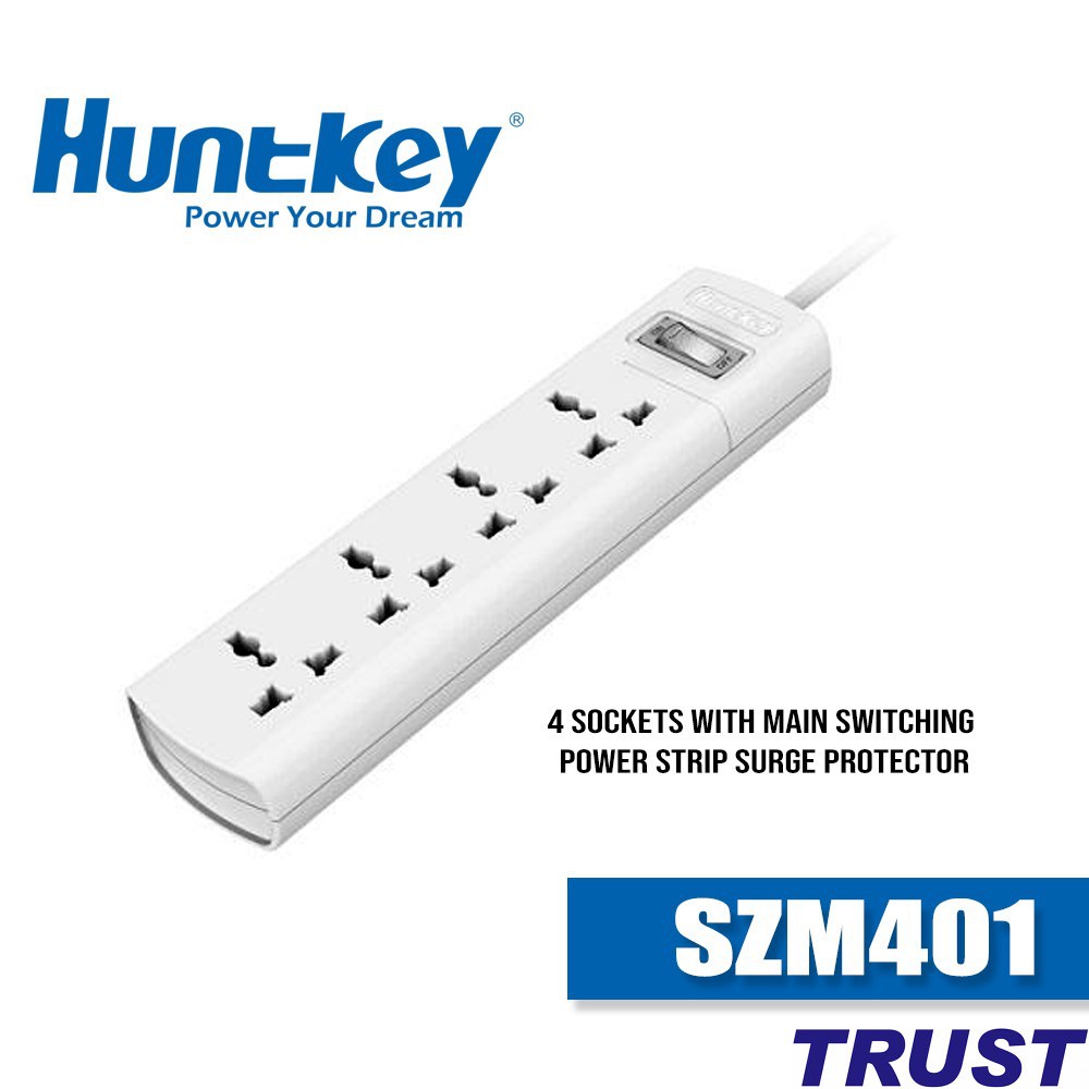 Ổ cắm điện đa năng chống sét Huntkey SZM401 - 2500W, 4 lỗ 3 chân đa năng, chống sét -HÀNG NHẬP KHẨU