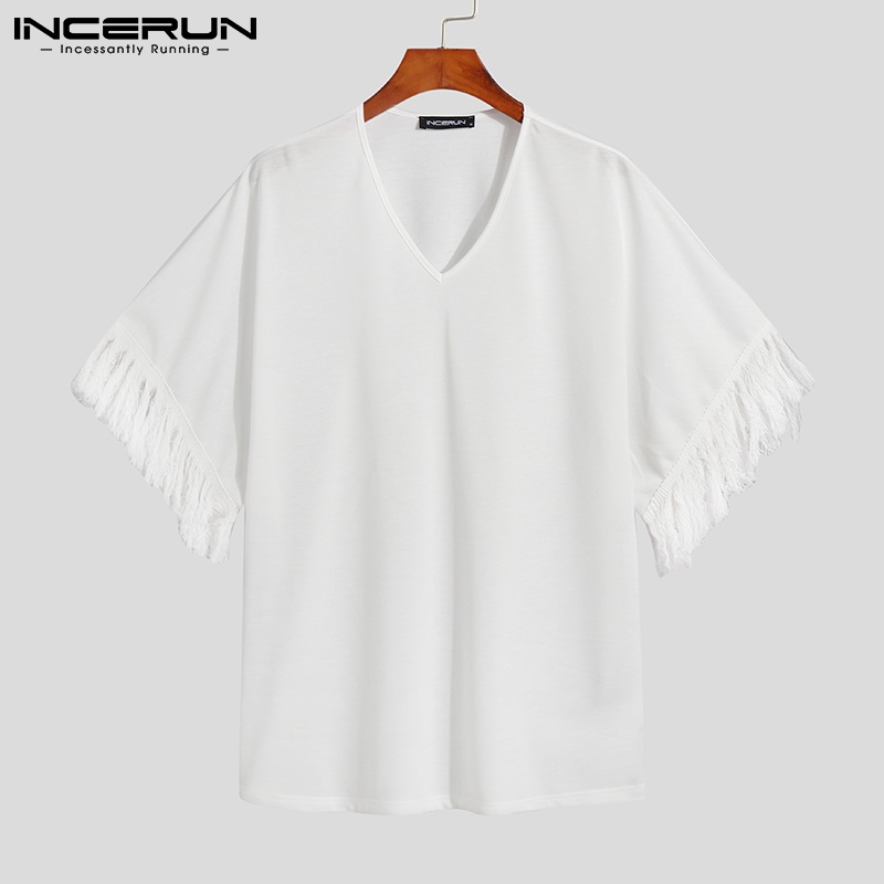 Áo trắng INCERUN tay ngắn cổ chữ V dáng rộng phối tua rua phong cách dân tộc dành cho nam giới