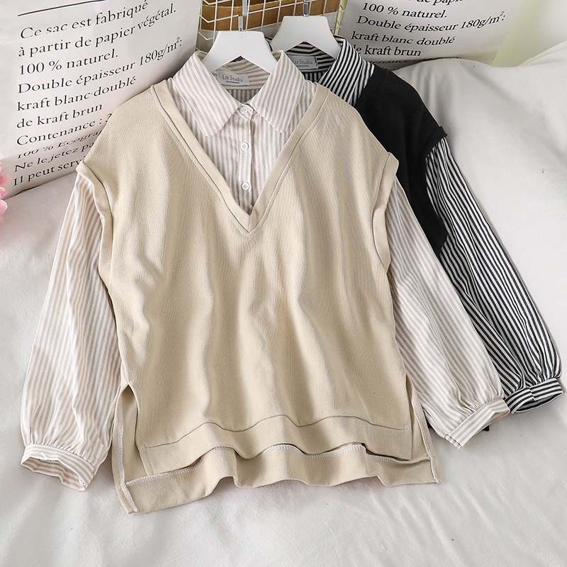 IELGYÁo sweater Tay Dài Dáng Rộng Giả Hai Lớp Phối Họa Tiết Kẻ Sọc Thời Trang Cho Nữ