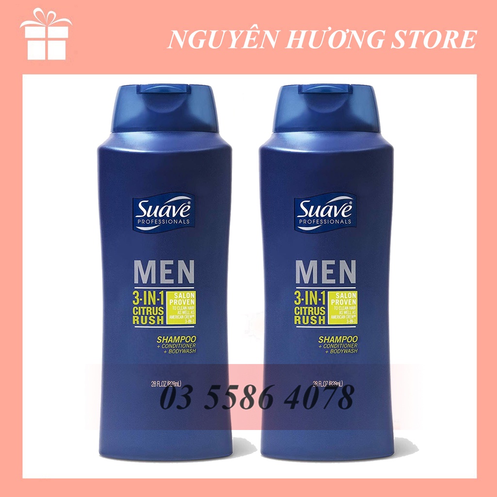 Dầu tắm, gội, xả Suave Men 3 in 1 Shampoo, Conditioner and Body Wash 828ml của Mỹ