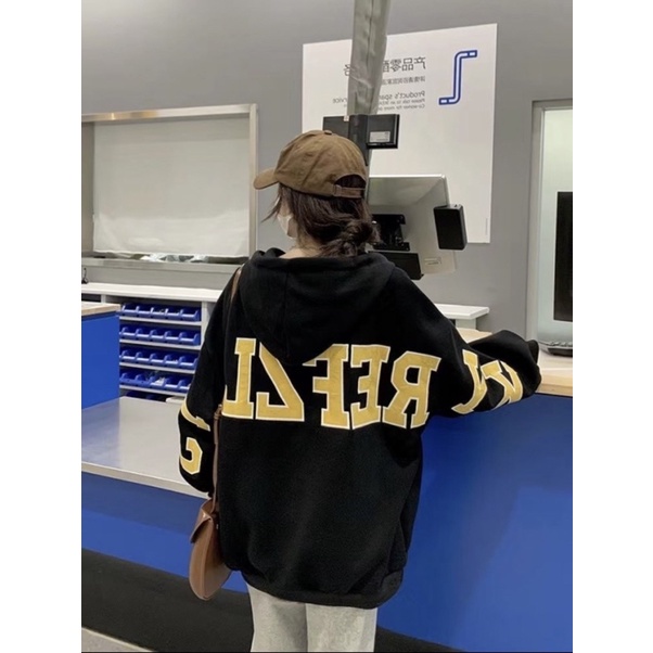 áo khoác hoodie dây kéo nữ hình in chữ to hết lưng và tay