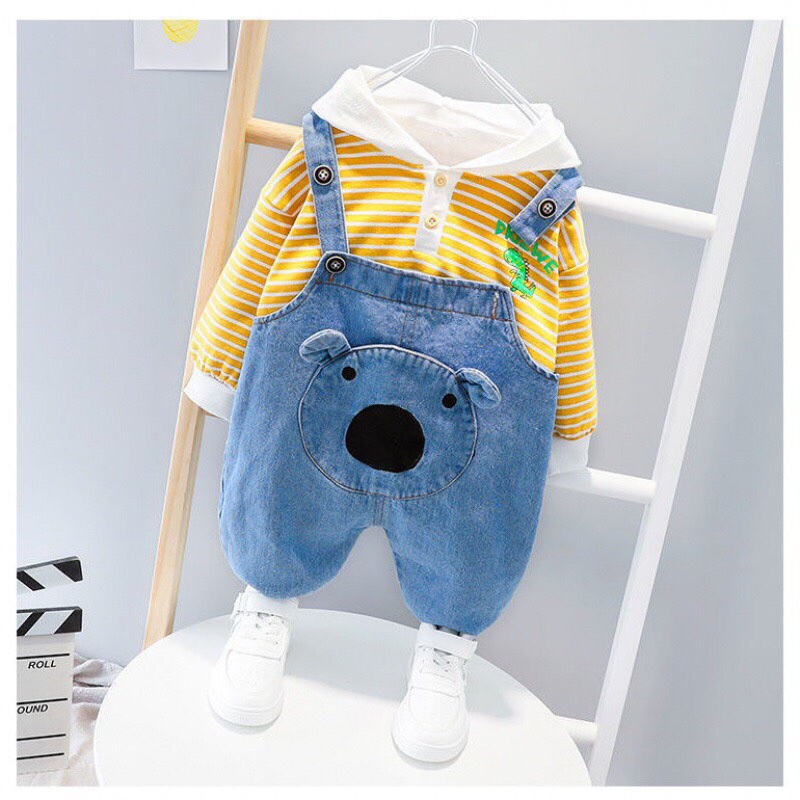 (jean baby kho sỉ) sét hai chi tiết yếm jean dài+áo phông dài tay cho bé