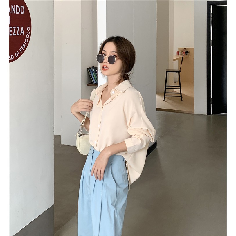 Áo sơ mi trơn nữ Thiết kế Form rộng Dài tay Retro Ulzzang Hàn Quốc Áo sơ mi nữ Màu trơn Tay dài Thời trang