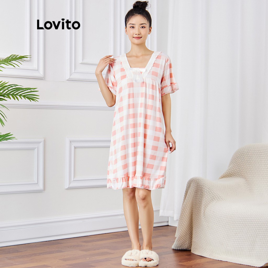 Đồ ngủ Lovito phối ren tương phản họa tiết caro phong cách thường ngày L15X104 (Màu hồng)