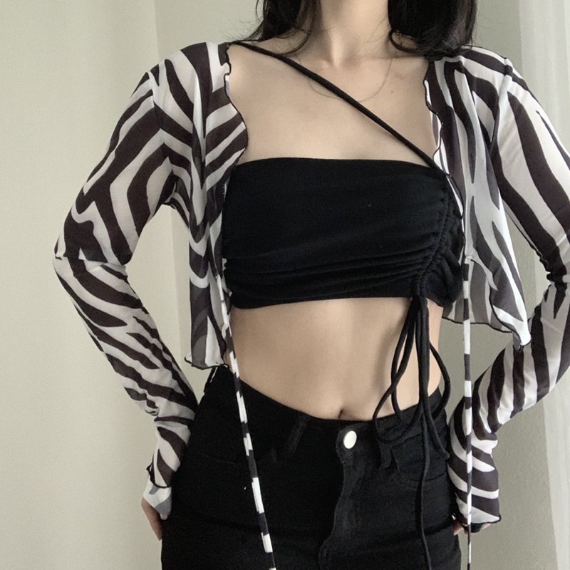 Áo Croptop Tay Dài, Áo Crt Khoác Lưới Co Giãn In Hoạ Tiết Freesize IRISVIEL