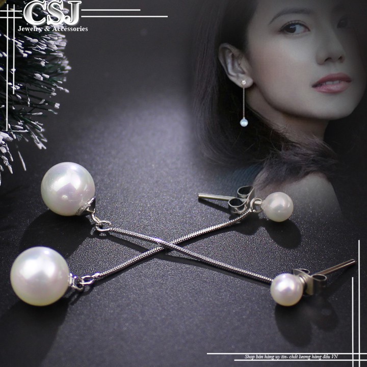 1 ĐÔI BÔNG TAI BẠC NỮ DÁNG DÀI ĐÍNH TRAI