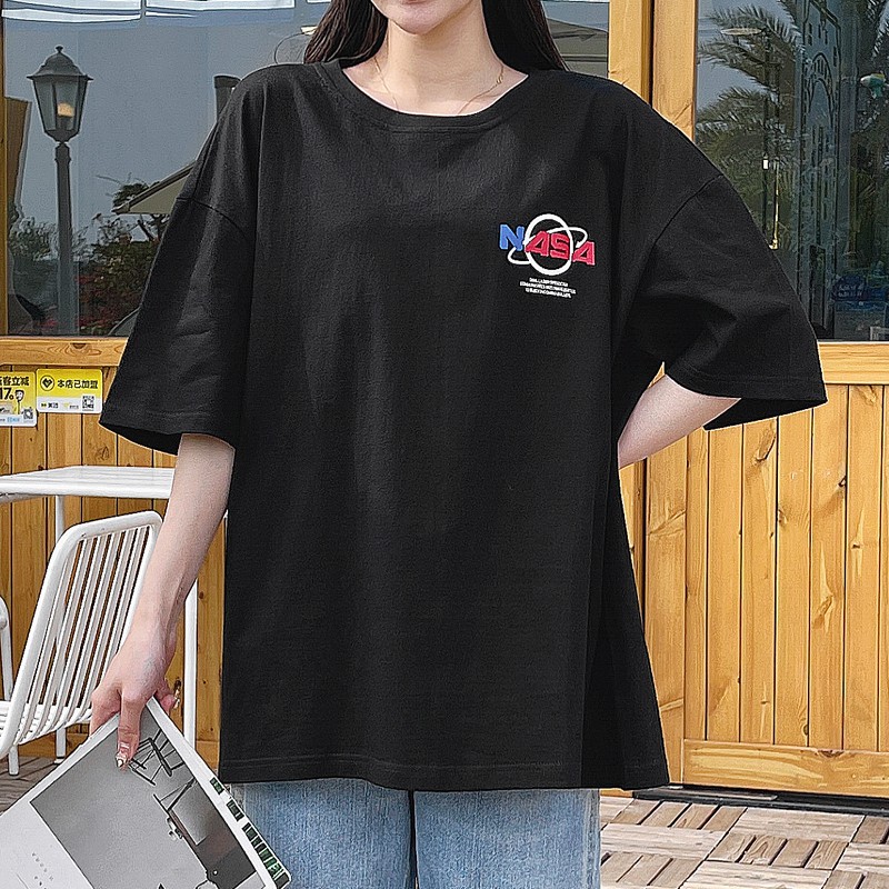 Áo Thun Nữ Tay Lỡ NASA Dáng Dài Freesize Đến 58KG -  Áo Thun Form Rộng 2 Màu Đen Trắng AT015