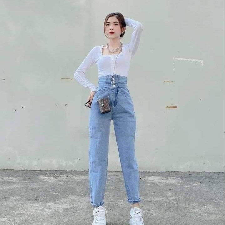 Quần baggy jean nữ cạp cao dây chéo sau lưng quần jean nữ chất vải đẹp F27