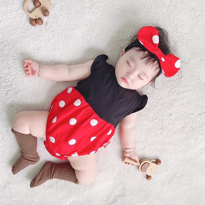 Bộ Áo Liền Quần Chấm Bi Dễ Thương Cho Bé Gái