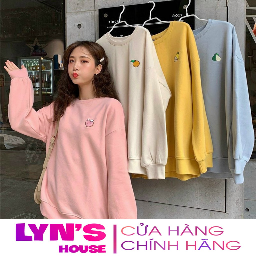 Áo tay dài sweater nỉ Lyn House thêu hình trái cây cho nam nữ và cặp đôi, form rộng unisex 4 màu hồng kem vàng xanh