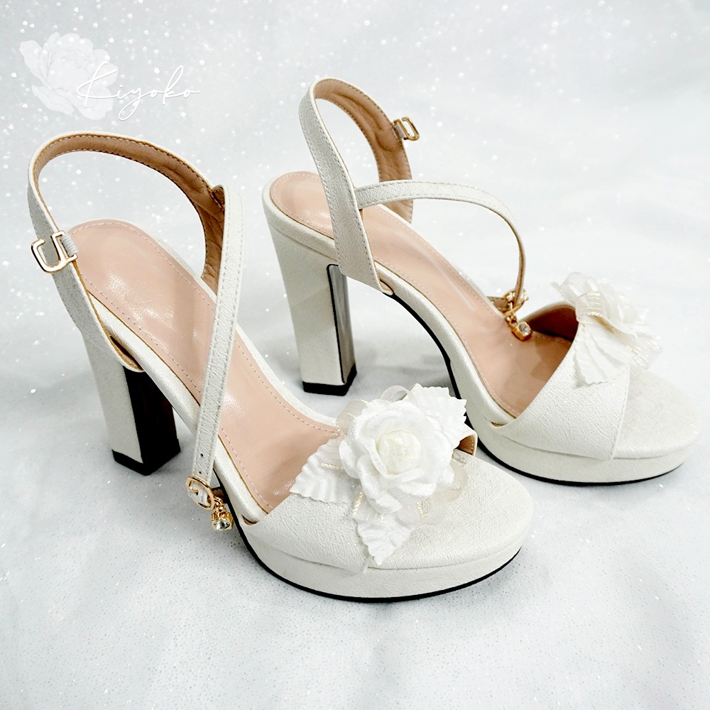 Giày cưới Kiyoko sandal đế vuông đính hoa trà cao 10cm