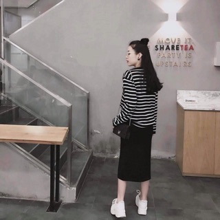 Set áo kẻ đen chân váy