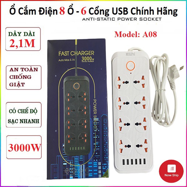 ⚡️A08 - Dây 2,1M, 8 Ổ Cắm, 6 USB⚡️ Ổ cắm điện Fast Charger Auto Max 3.1A an toàn chống giật, chống cháy nổ, lõi đồng