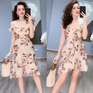 Váy beof day tơ hoa hồng nâu  màu cực tây  2 dáng kha nha dáng ngắn  trên gối trongcó lot quân dáng dài