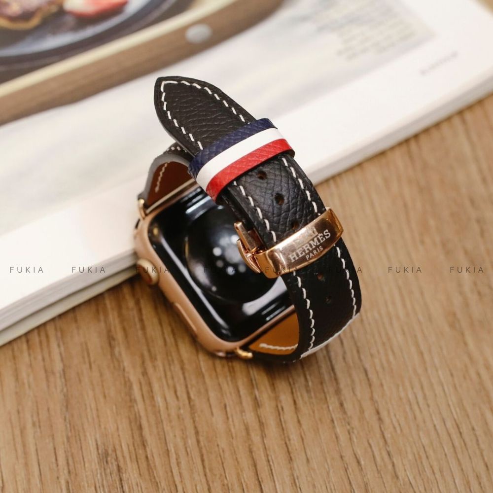 Dây da thủ công Epsom Thom Browne Đen dành cho Apple Watch đồng hồ thông minh Series 1/2/3/4/5/6/7/SE DDTC179