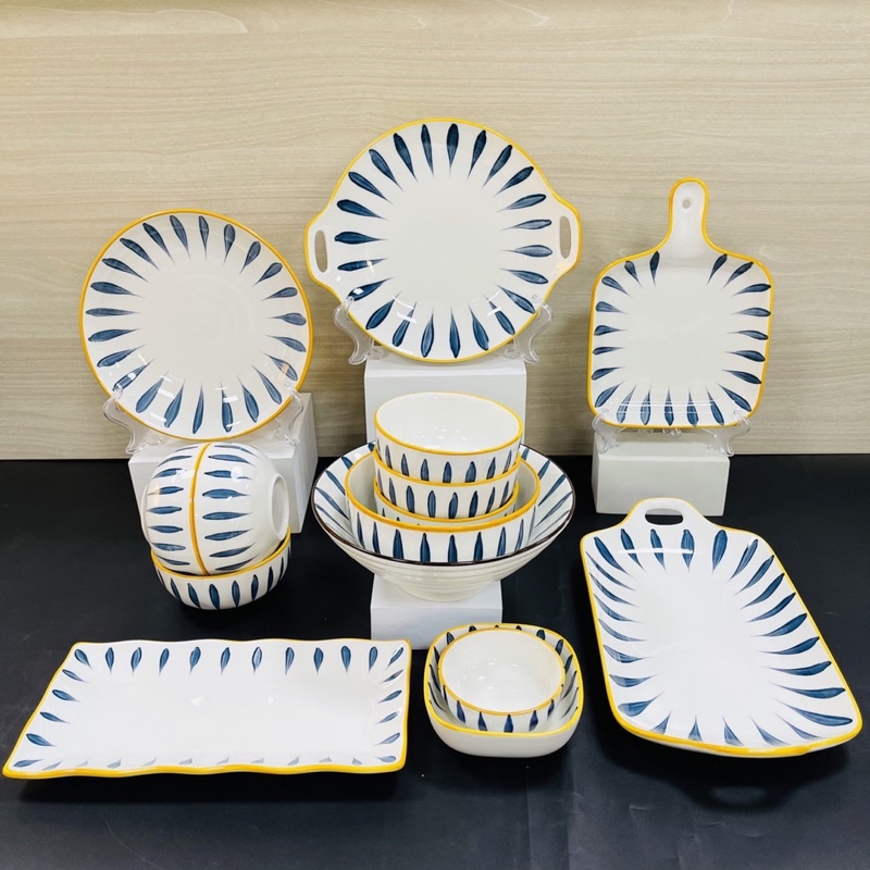 Bát Đĩa Ăn Cơm Chén Dĩa Sứ Hoạ Tiết Kẻ Xanh Decor Phong Cách Nhật Bản