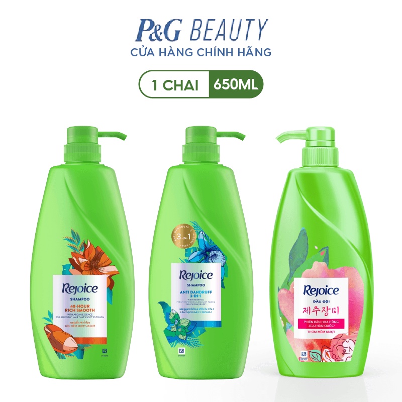 Dầu Gội REJOICE chai 630ml Siêu mượt / Giảm Gàu 3 In 1 / Hoa Hồng Jeju