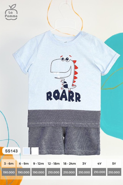 SS143 bộ cộc La Pomme khủng long ROARR (2 mầu xanh và trắng ghi)