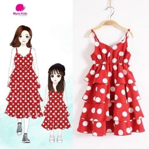 Set đầm mẹ và bé gái váy hai dây chân váy xếp tầng họa tiết chấm bi đỏ trắng Lyta cho bé 1-2-3-4-5-6-7-8-9-10 tuổi
