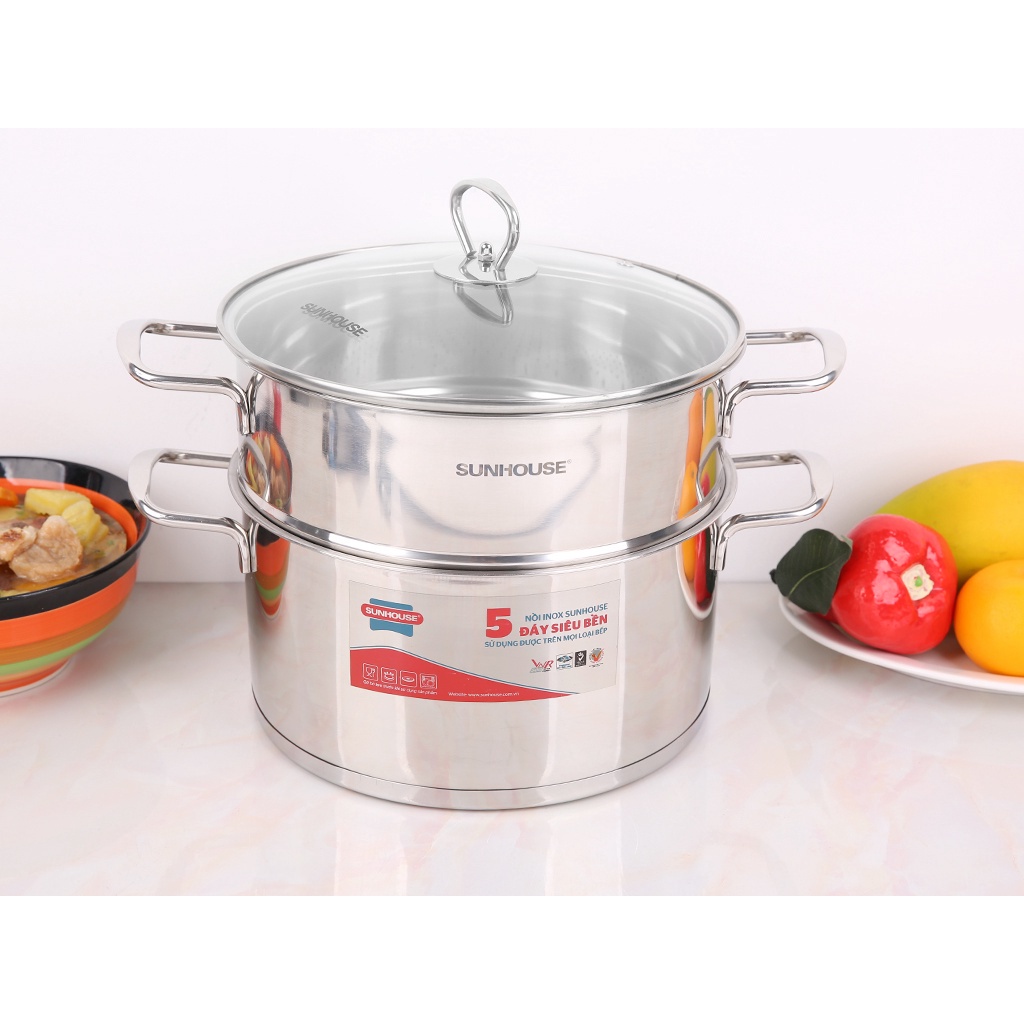 Bộ nồi inox xửng 5 đáy bếp từ SUNHOUSE nắp kính 28 cm Nồi sử dụng được trên bếp từ, bếp hồng ngoại, bếp ga