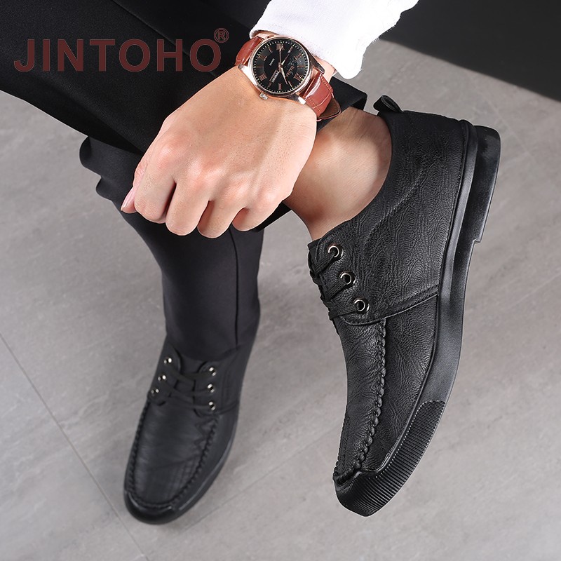 [JINTOHO] Giày Da Bò Cao Su Thắt Dây Thời Trang Công Sở Trang Trọng Màu Đen Cho Nam