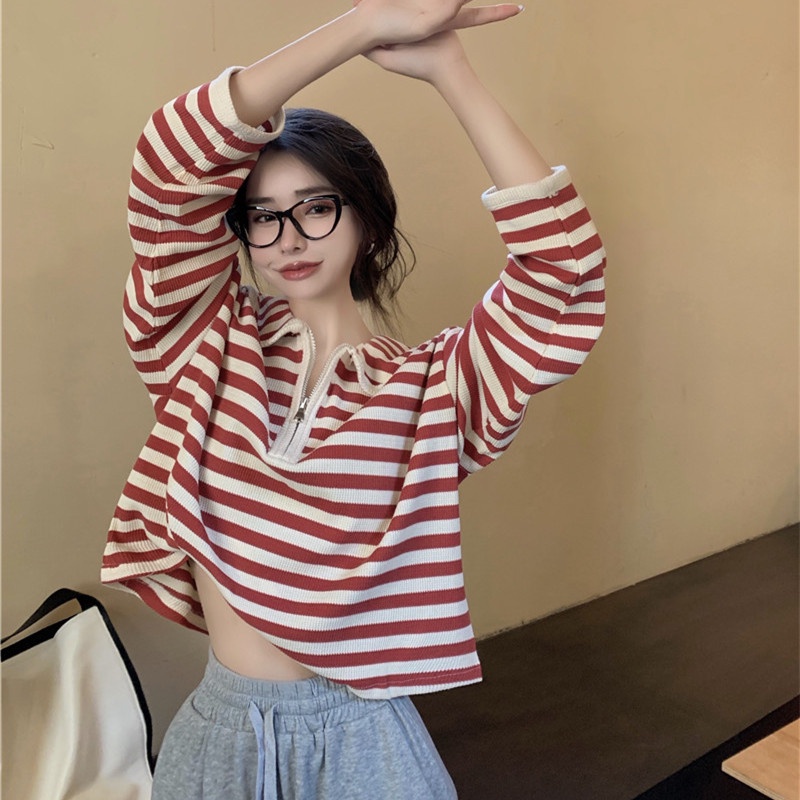 Áo polo tay dài dáng rộng kẻ sọc phối khóa kéo thời trang mùa thu phong cách Hàn Quốc