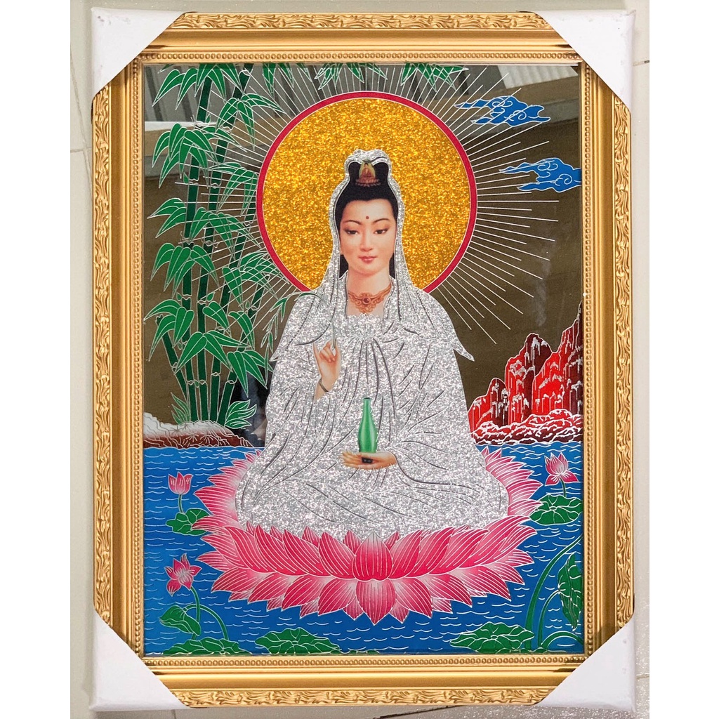 Tranh Kiếng Quan Âm ngồi đài sen - có hầu và không hầu - Nền Gương - Khung gỗ - cao từ 29cm tới 40cm