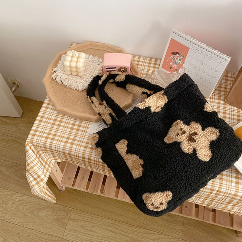 Túi Tote Đeo Vai Phủ Lông Cừu Giả Họa Tiết Gấu Hoạt Hình Thời Trang Mùa Đông Cho Nữ