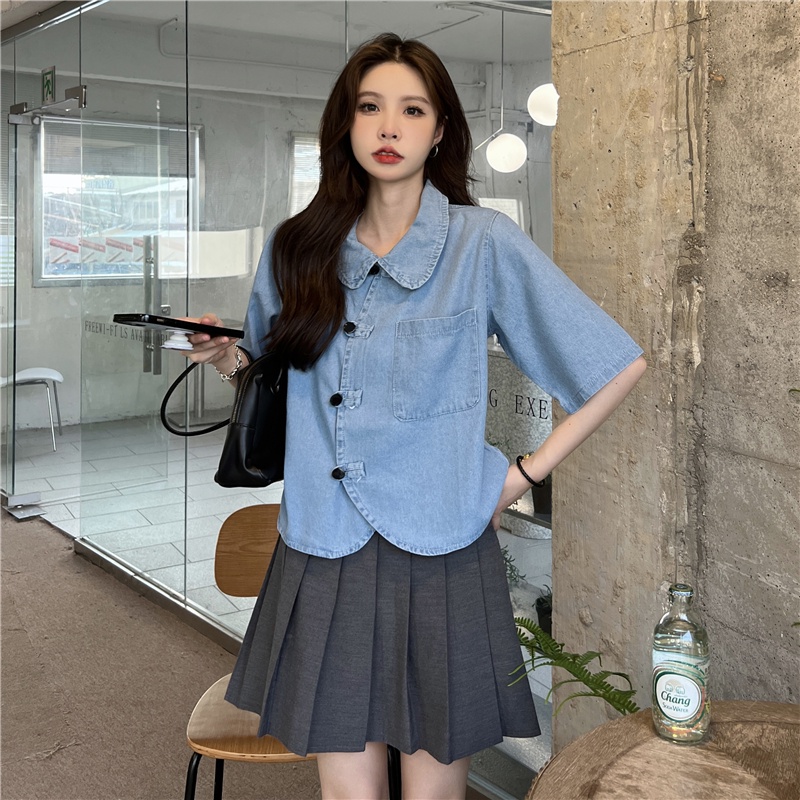 Áo Sơ Mi denim Tay Ngắn Dáng Rộng Phong Cách Hàn Quốc Cổ Điển Thời Trang Cho Nữ