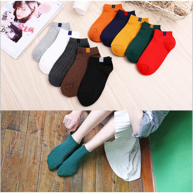 Tất - Vớ nam nữ cotton cổ ngắn gân tăm vintage Hàn Quốc