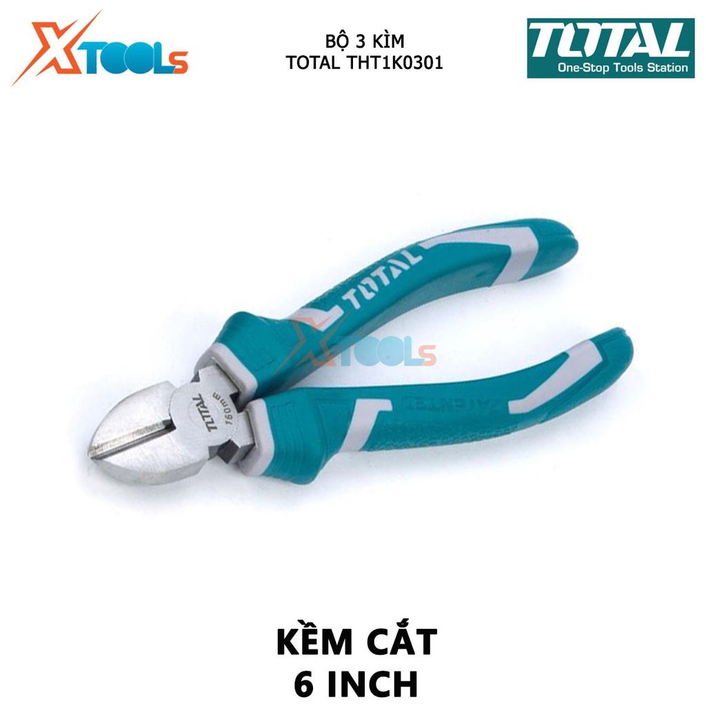 Bộ kìm cắt, kìm điện và kìm mỏ nhọn TOTAL THT1K0301 | bộ 3 kềm cắt, kềm răng và kềm mỏ dài gồm 3 cây kìm kềm răng 8 inch